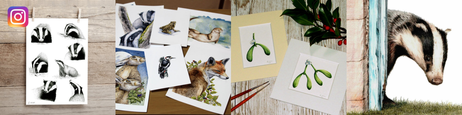 Button showing 4 Instagram posts of wildlife illustrations